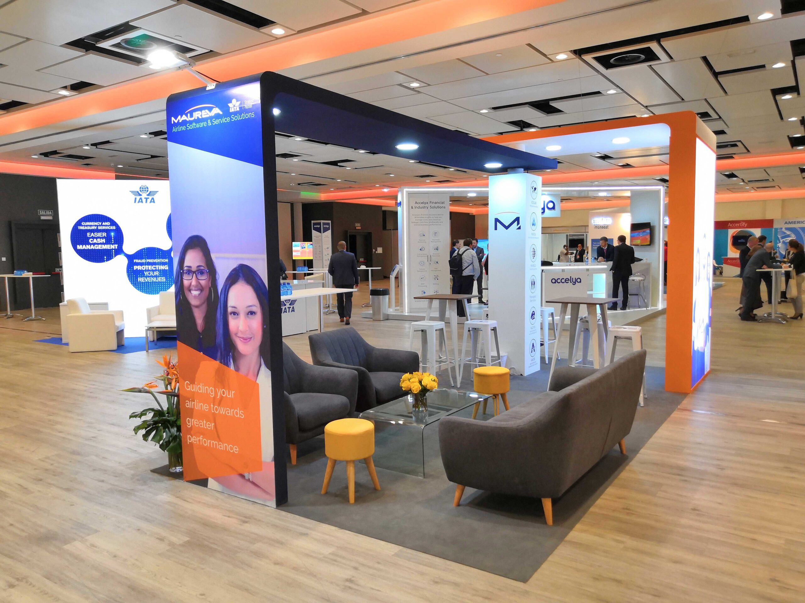 Spain exhibition booth design and construction at a hotel conference, showcasing modern architecture, innovative branding, and high-quality materials.