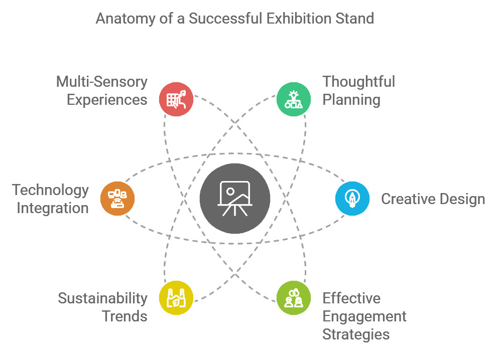 Exhibition stand showcasing essential elements for success, including branded graphics, strategic lighting, product displays, and an engaging layout that maximizes visitor interaction and brand visibility.