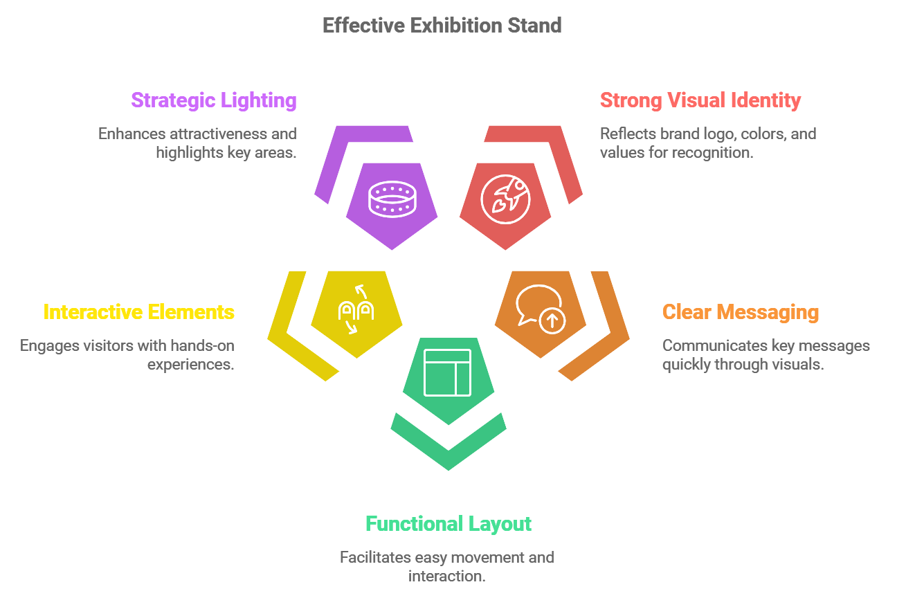 Effective exhibition stand showcasing innovative visual communication elements, featuring branded graphics, interactive screens, and strategic lighting designed to engage trade show attendees and enhance brand visibility.