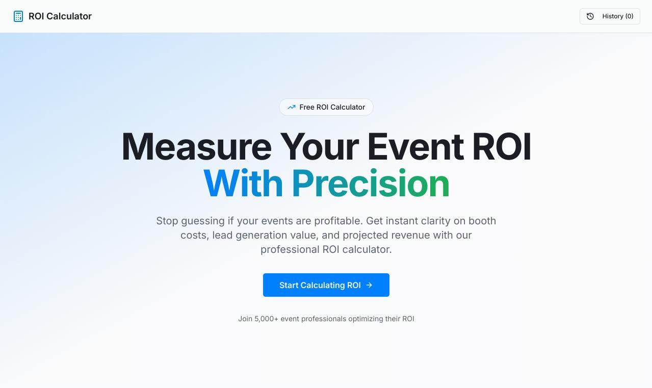 Event ROI calculator webpage for exhibitors: Accurately measure trade show booth success, lead generation, and projected revenue with a free tool for event professionals