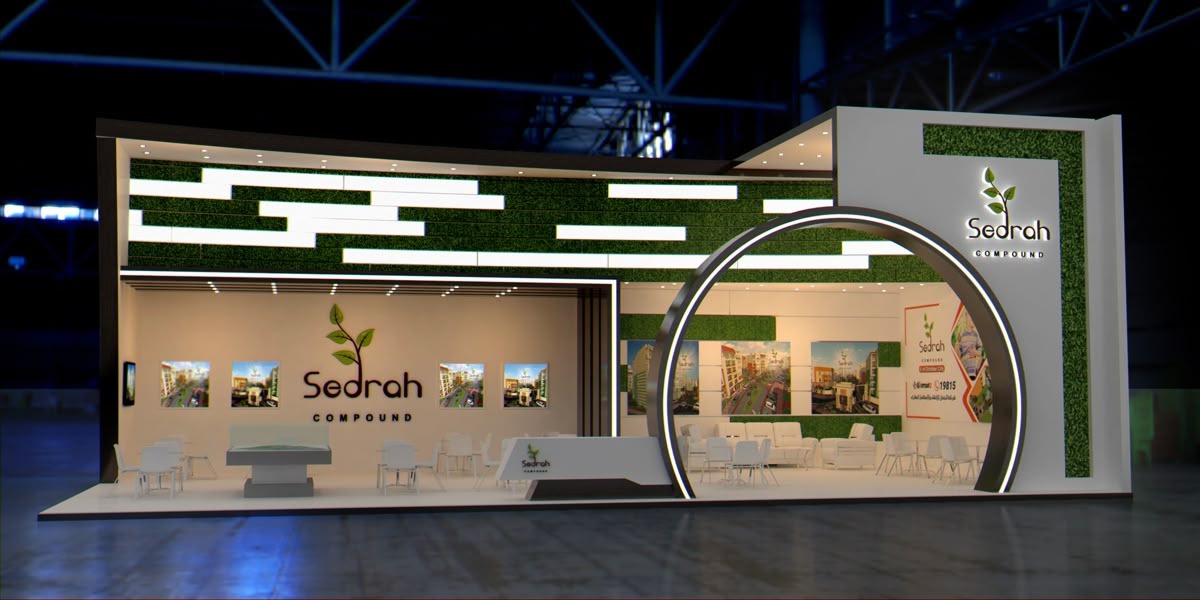 Modern modular exhibition stand with bold headline and demo area