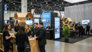 Trade show booth rental solution displayed in a modern exhibition hall, featuring a modular stand design, branded graphics, LED lighting, and functional presentation areas created for flexible event use.