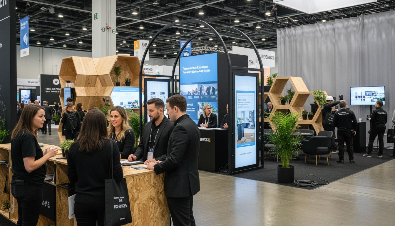 Trade show booth rental solution displayed in a modern exhibition hall, featuring a modular stand design, branded graphics, LED lighting, and functional presentation areas created for flexible event use.